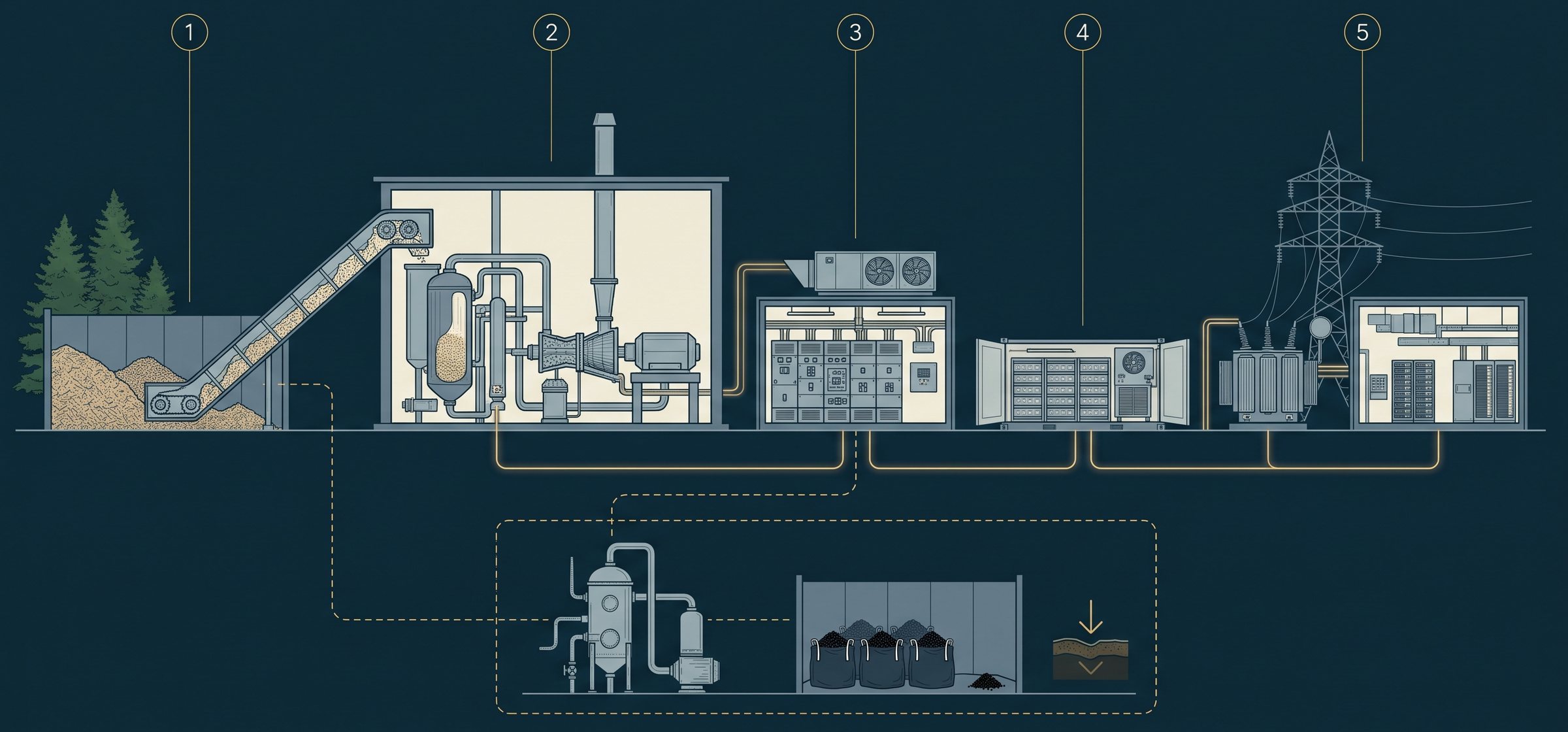 Generation hall with boiler, turbine and generator, and the stack