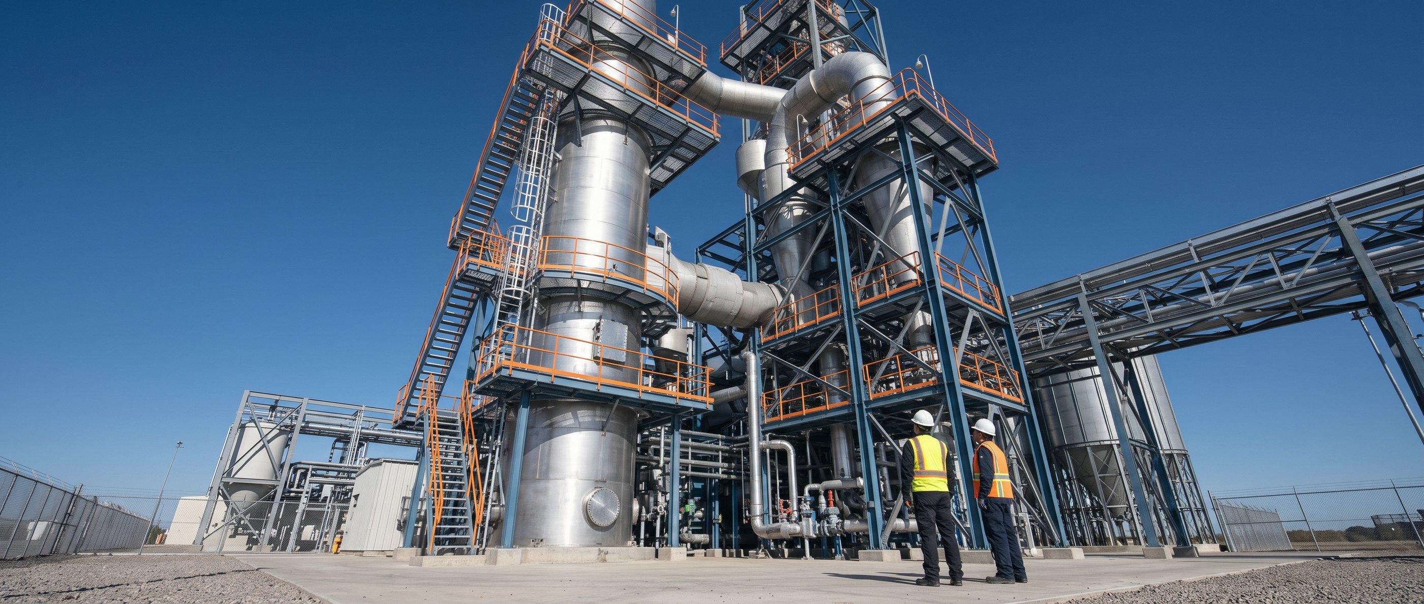 Illustrative rendering of two engineers looking up at a gasification tower with steel platforms against a blue sky